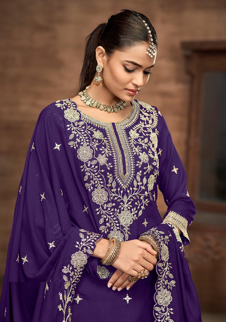 Purple Embroidered Printed Vichitra Silk Salwar Kameez - Indya