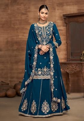 Blue Embroidered Printed Vichitra Silk Salwar Kameez