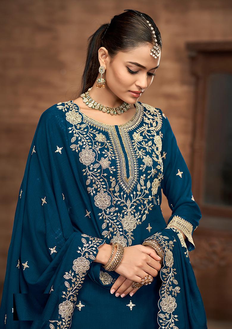 Blue Embroidered Printed Vichitra Silk Salwar Kameez - Indya