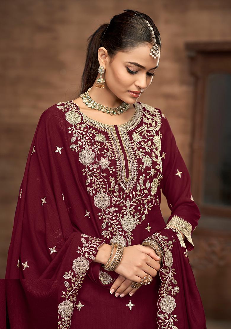 Maroon Embroidered Printed Vichitra Silk Salwar Kameez - Indya