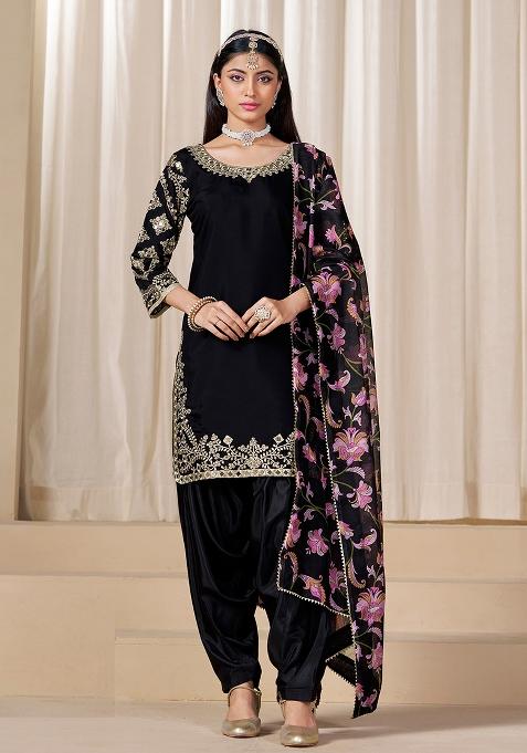 Black Embroidered Printed Roman Silk Salwar Kameez