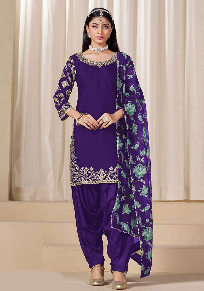 Purple Embroidered Silk Blend Punjabi Suit - Indya