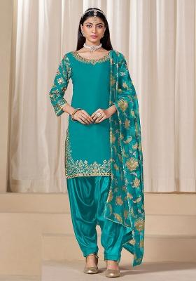 Blue Embroidered Printed Roman Silk Salwar Kameez