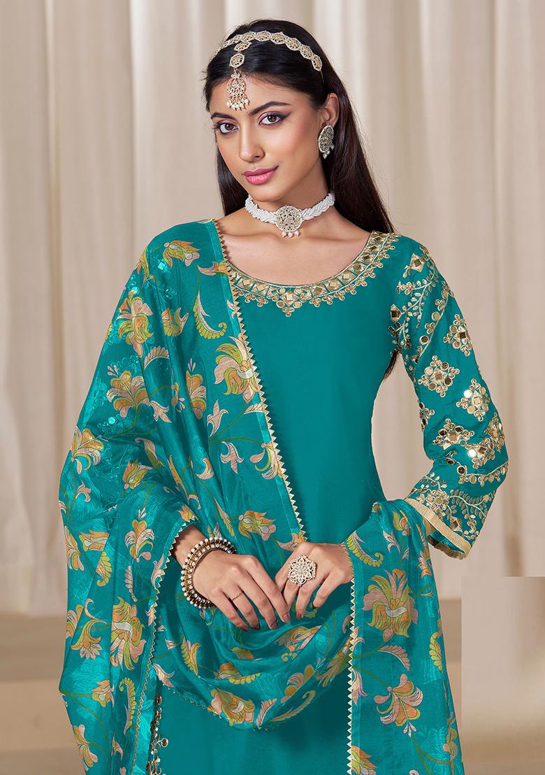 Blue Embroidered Printed Roman Silk Salwar Kameez - Indya