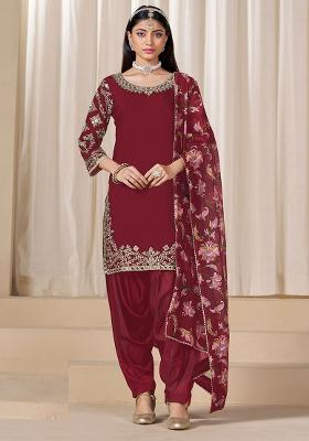 Maroon Embroidered Printed Roman Silk Salwar Kameez