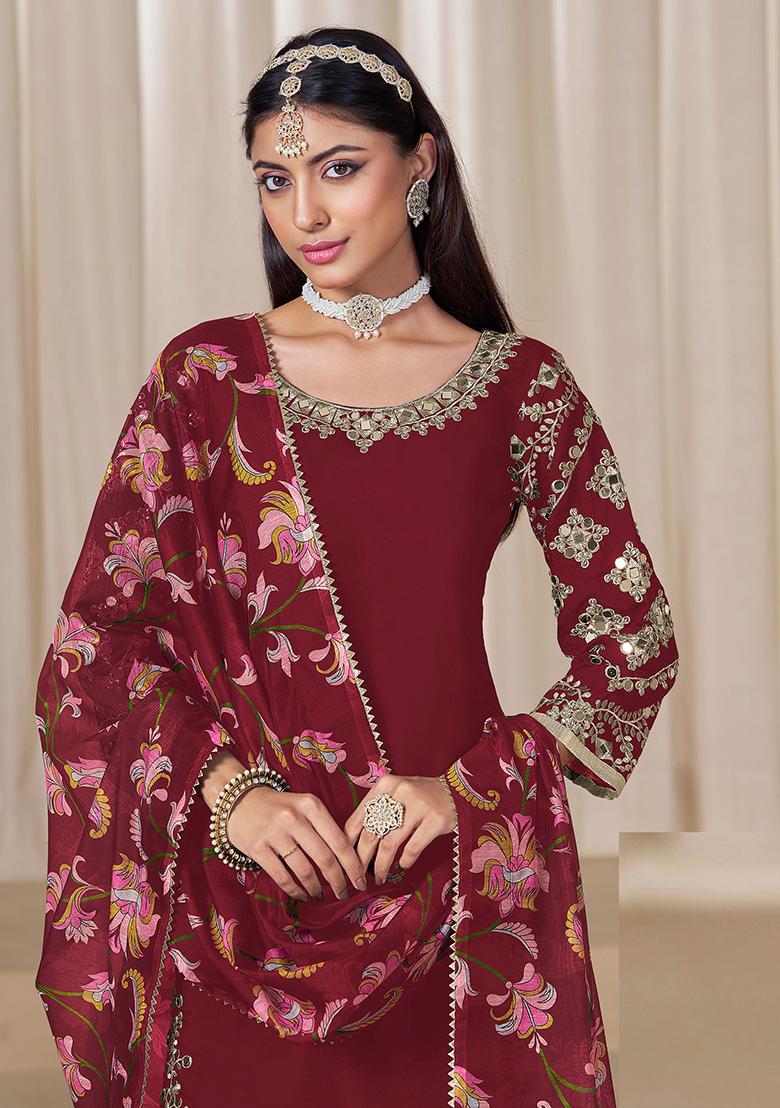 Maroon Embroidered Printed Roman Silk Salwar Kameez - Indya