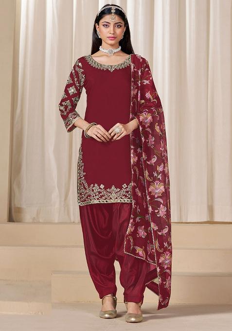 Maroon Embroidered Printed Roman Silk Salwar Kameez