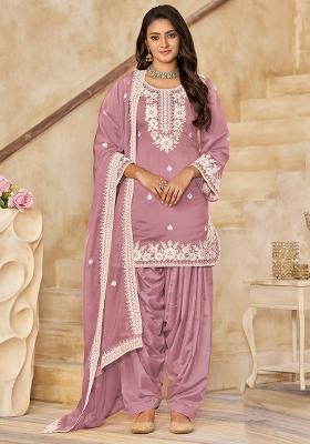 Pink Embroidered Roman Silk Salwar Kameez