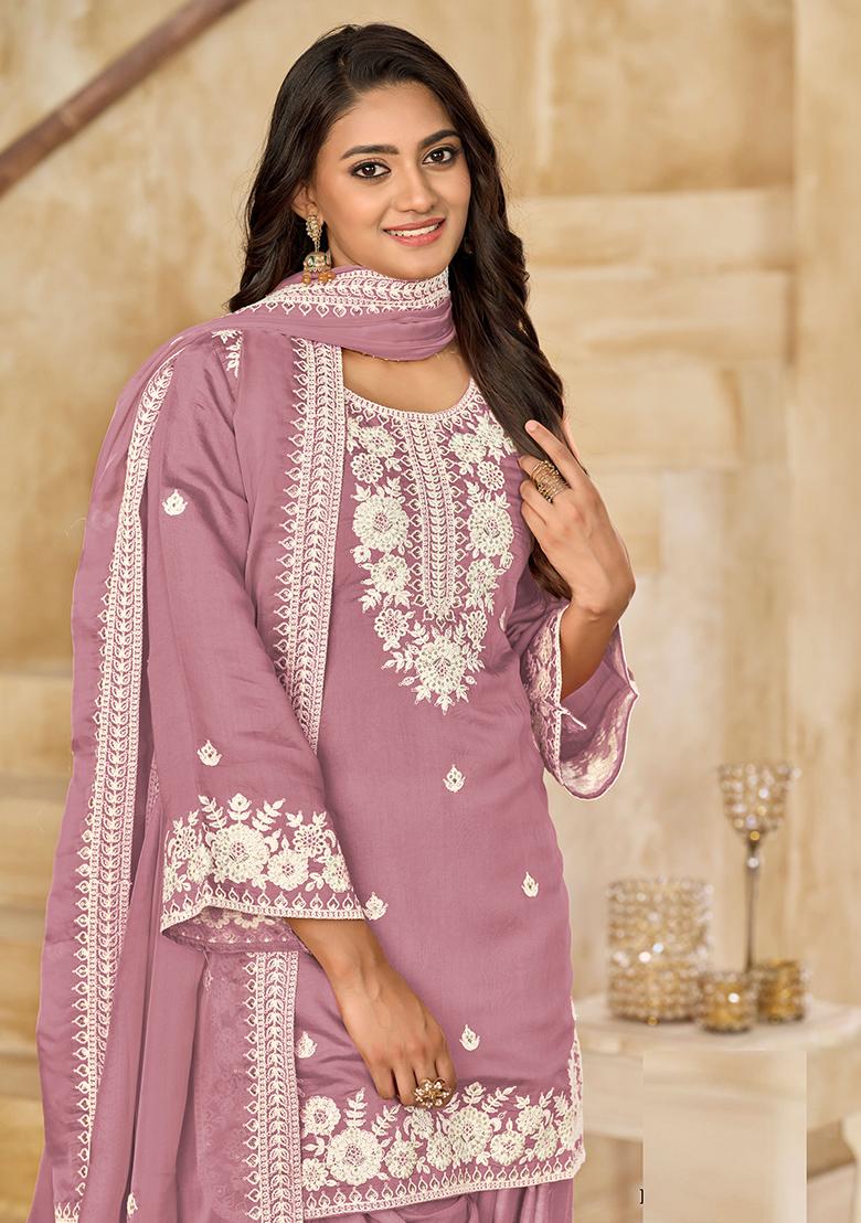 Pink Embroidered Roman Silk Salwar Kameez - Indya