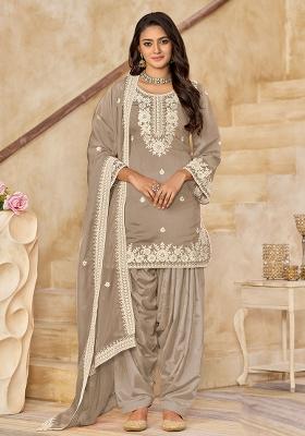 Light Brown Embroidered Roman Silk Salwar Kameez