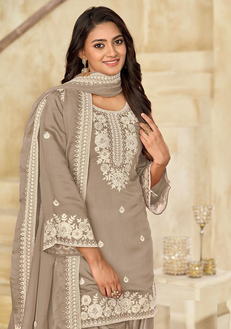Light Brown Embroidered Roman Silk Salwar Kameez - Indya
