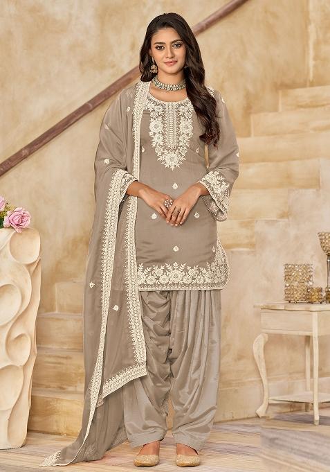 Light Brown Embroidered Roman Silk Salwar Kameez — view on Indya