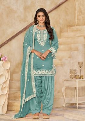 Blue Embroidered Roman Silk Salwar Kameez