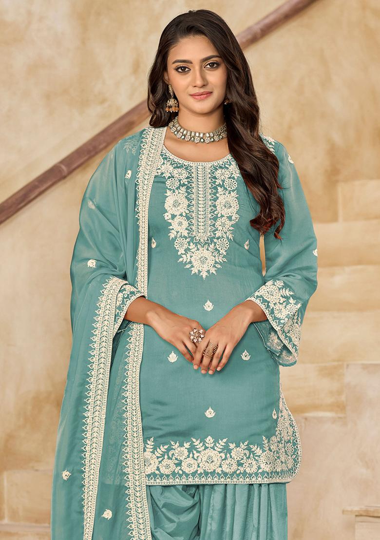 Blue Embroidered Roman Silk Salwar Kameez - Indya