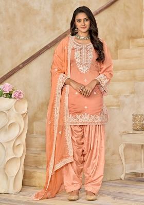 Peach Embroidered Roman Silk Salwar Kameez