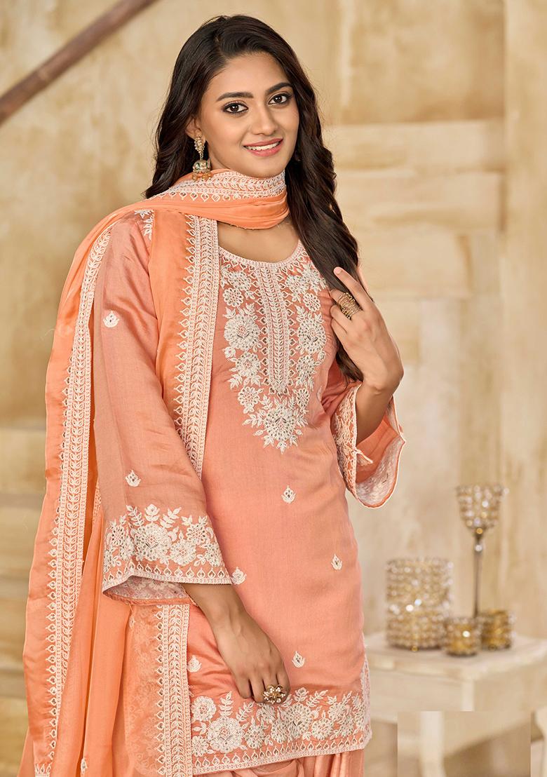 Peach Embroidered Roman Silk Salwar Kameez - Indya