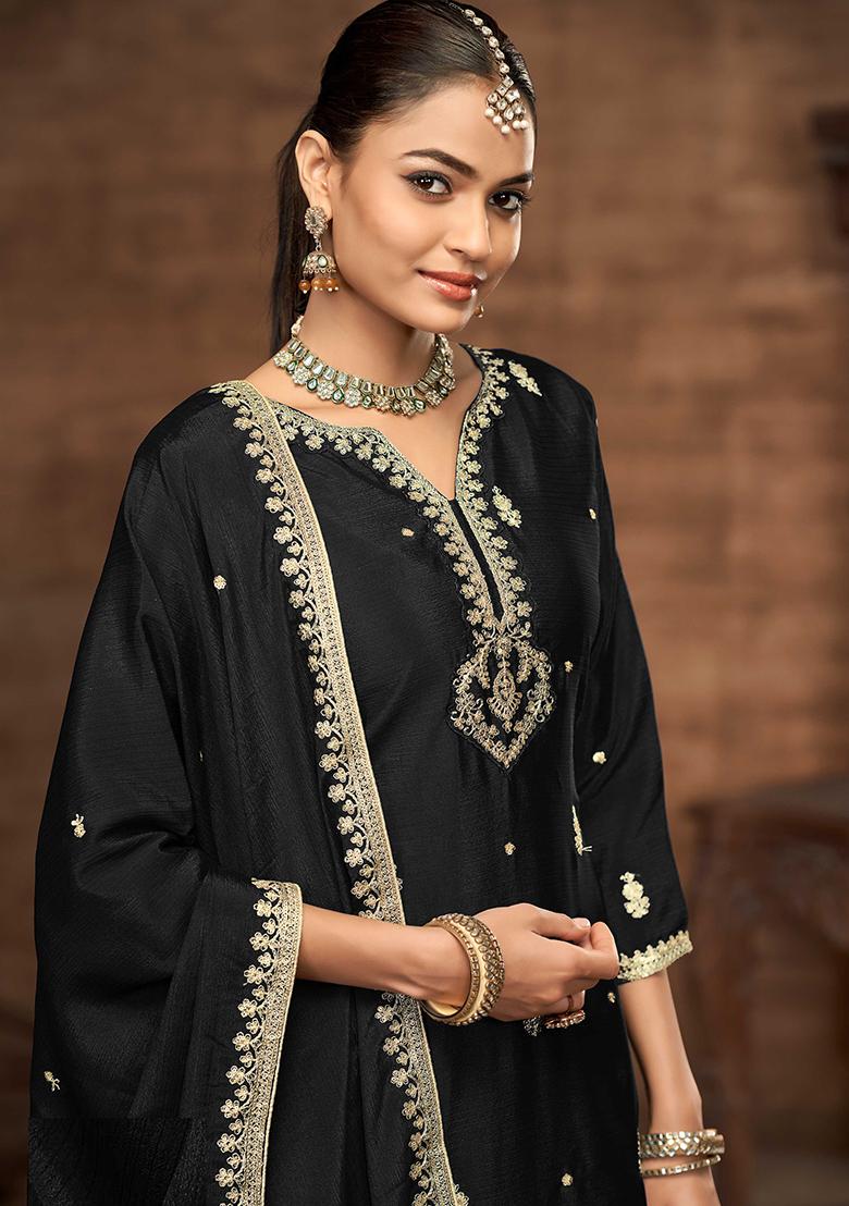 Black Embroidered Chinon Salwar Kameez - Indya
