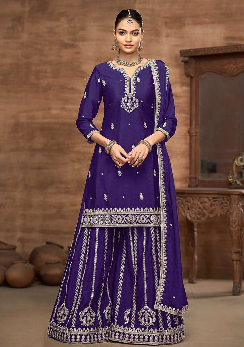 Purple Embroidered Chinon Sharara Set - Indya