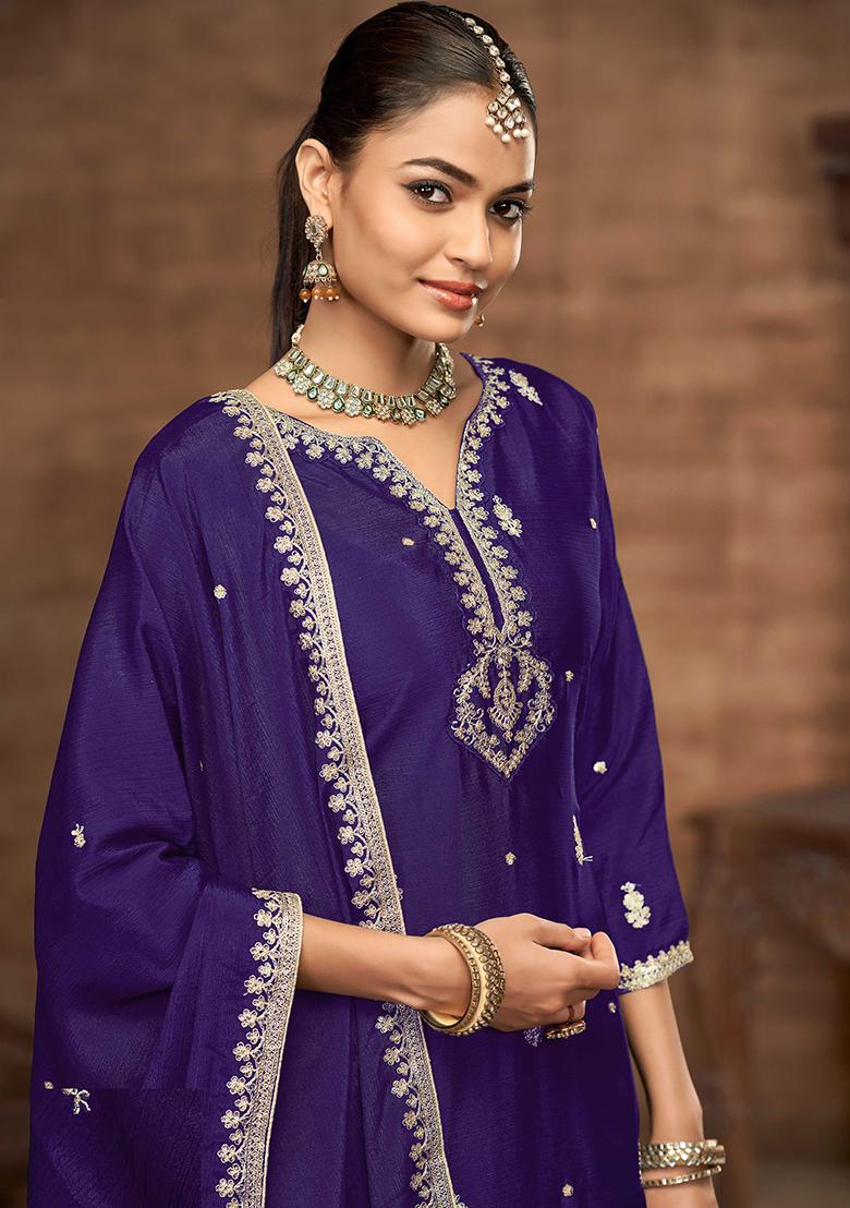 Purple Embroidered Chinon Salwar Kameez - Indya