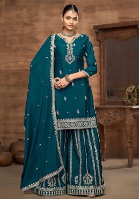 Teal Green Embroidered Chinon Salwar Kameez