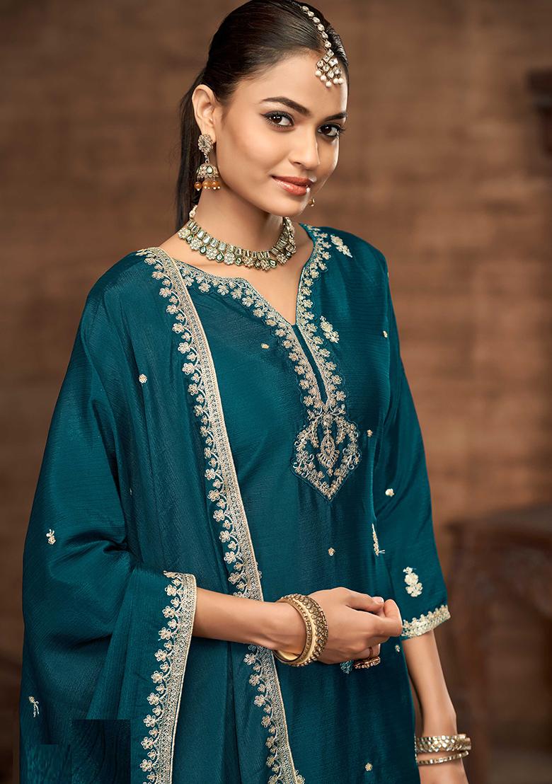 Teal Green Embroidered Chinon Salwar Kameez - Indya