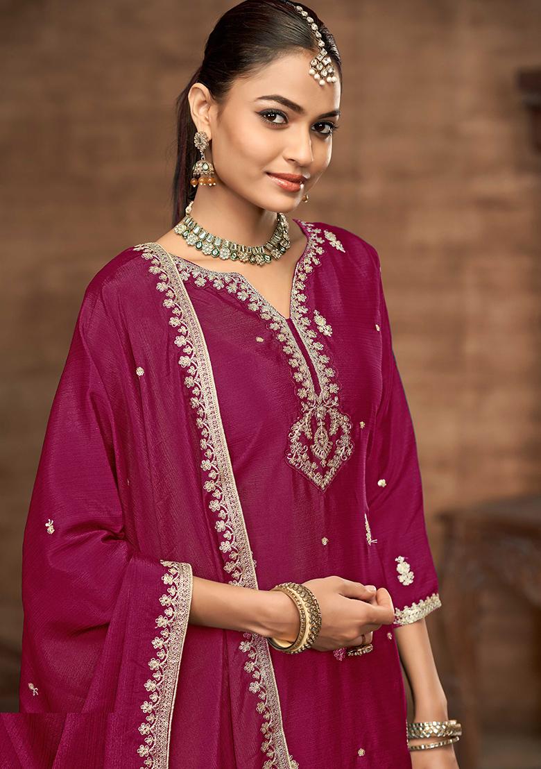 Rani Pink Embroidered Chinon Salwar Kameez - Indya