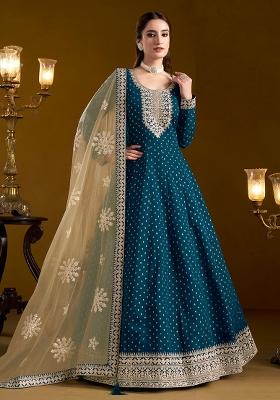 Teal Blue Embroidered Chanderi Anarkali Set