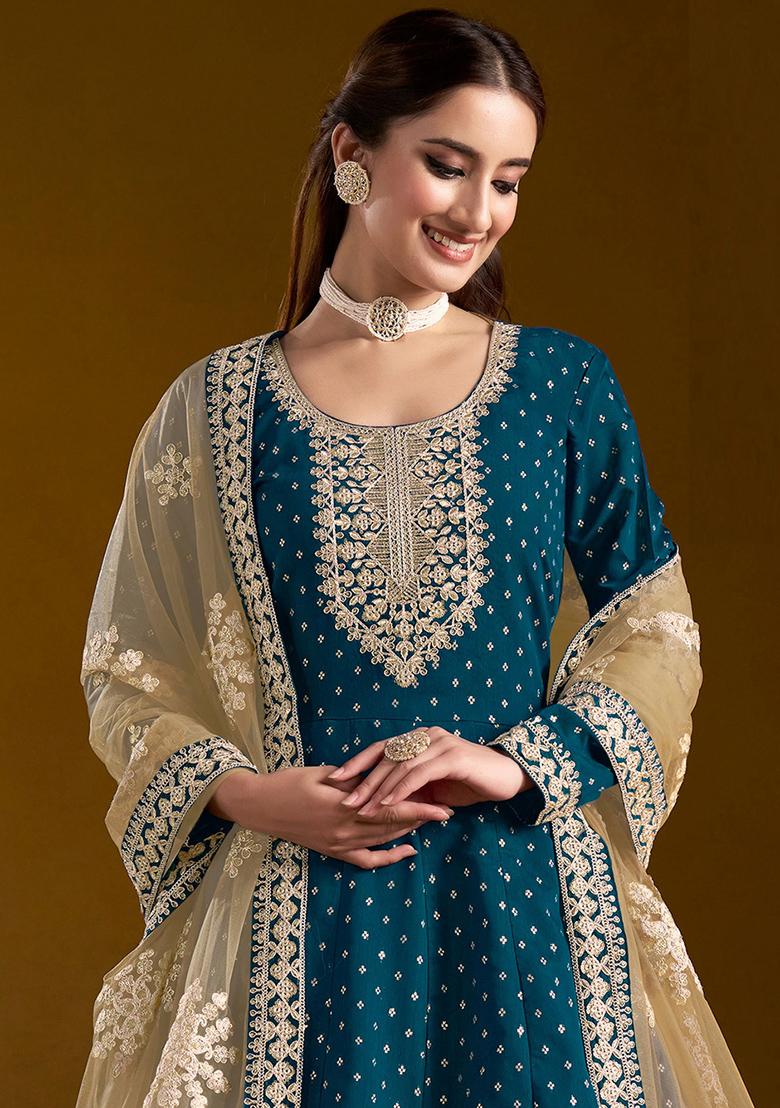 Teal Blue Embroidered Chanderi Salwar Kameez - Indya