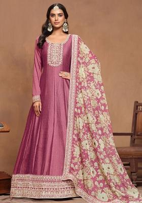 Pink Embroidered Printed Art Silk Salwar Kameez