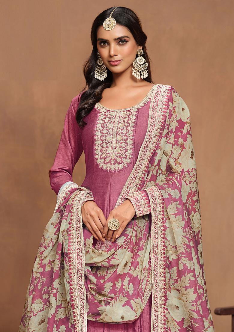 Pink Embroidered Printed Art Silk Salwar Kameez - Indya
