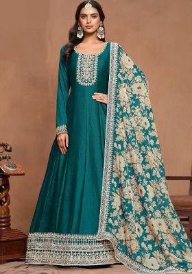 Teal Green Embroidered Printed Art Silk Salwar Kameez