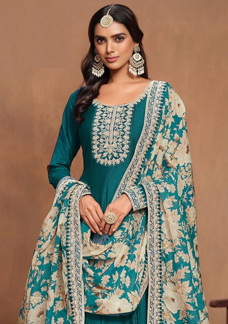 Teal Green Embroidered Printed Art Silk Salwar Kameez - Indya