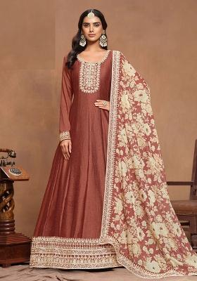 Gold Brown Embroidered Printed Art Silk Salwar Kameez