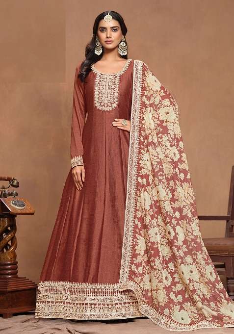 Gold Brown Embroidered Silk Blend Anarkali Set
