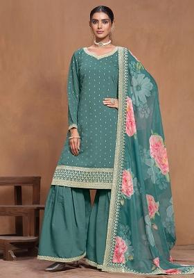 Teal Green Embroidered Printed Roman Silk Salwar Kameez