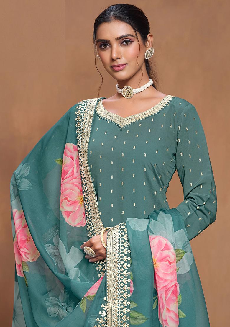 Teal Green Embroidered Printed Roman Silk Salwar Kameez - Indya