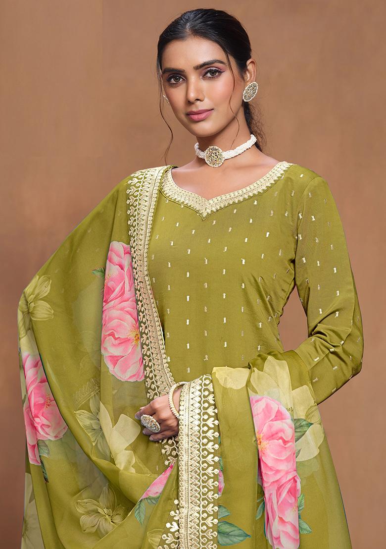 Olive Green Embroidered Printed Roman Silk Salwar Kameez - Indya