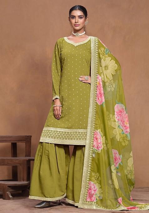 Olive Green Embroidered Silk Punjabi Suit — view on Indya
