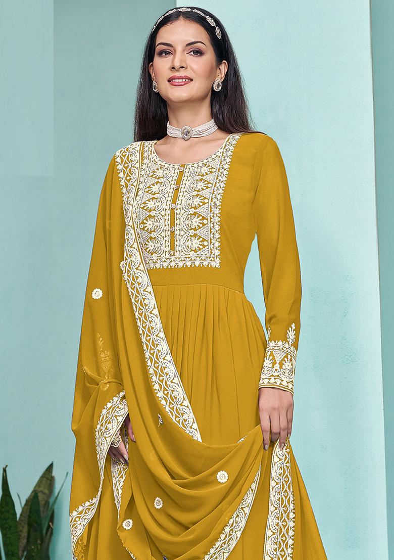Mustard Embroidered Georgette Salwar Kameez - Indya