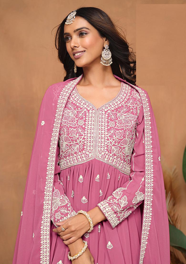 Pink Embroidered Georgette Salwar Kameez - Indya