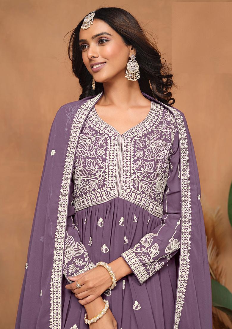 Purple Embroidered Georgette Salwar Kameez - Indya