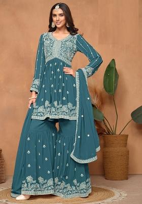 Teal Blue Embroidered Georgette Salwar Kameez