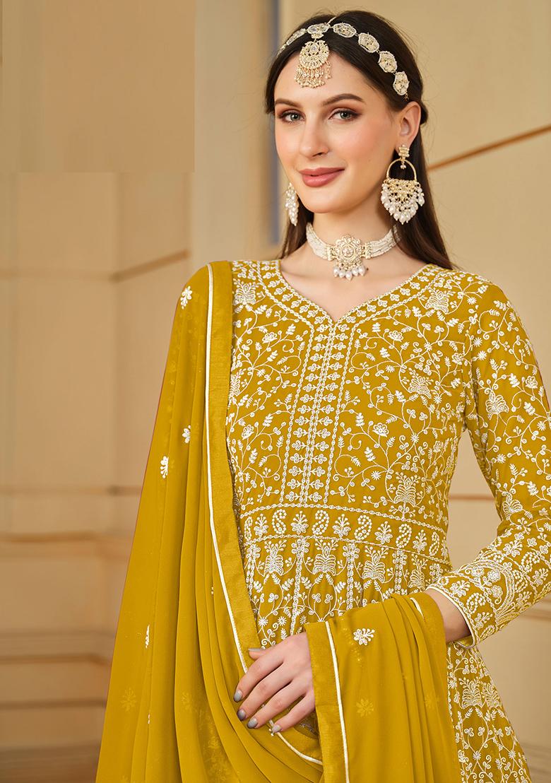 Mustard Embroidered Georgette Salwar Kameez - Indya
