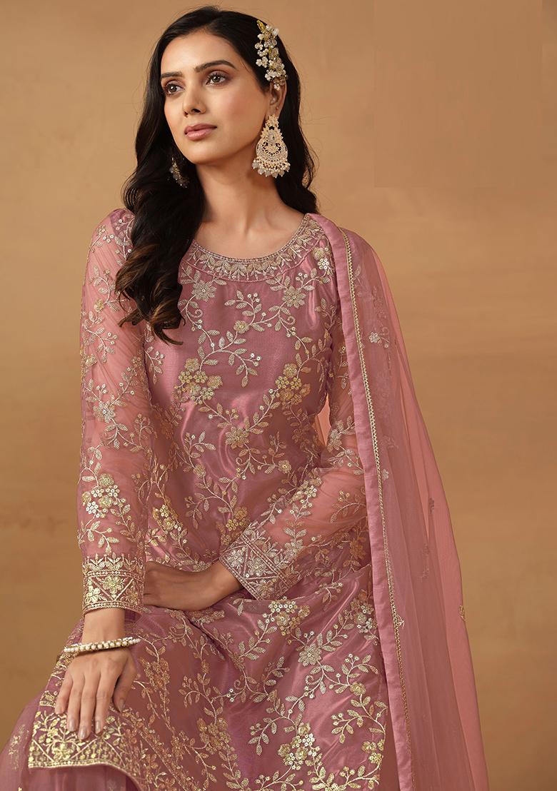 Mauve Embroidered Net Salwar Kameez - Indya