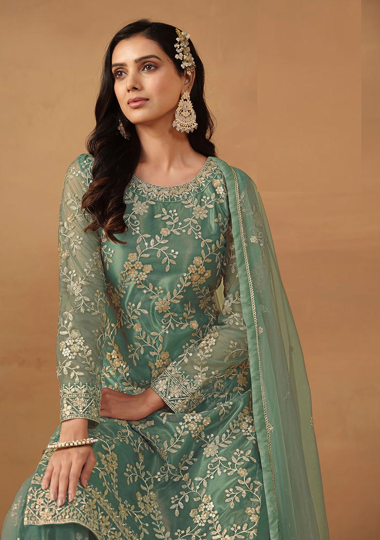 Turquoise Embroidered Net Salwar Kameez - Indya