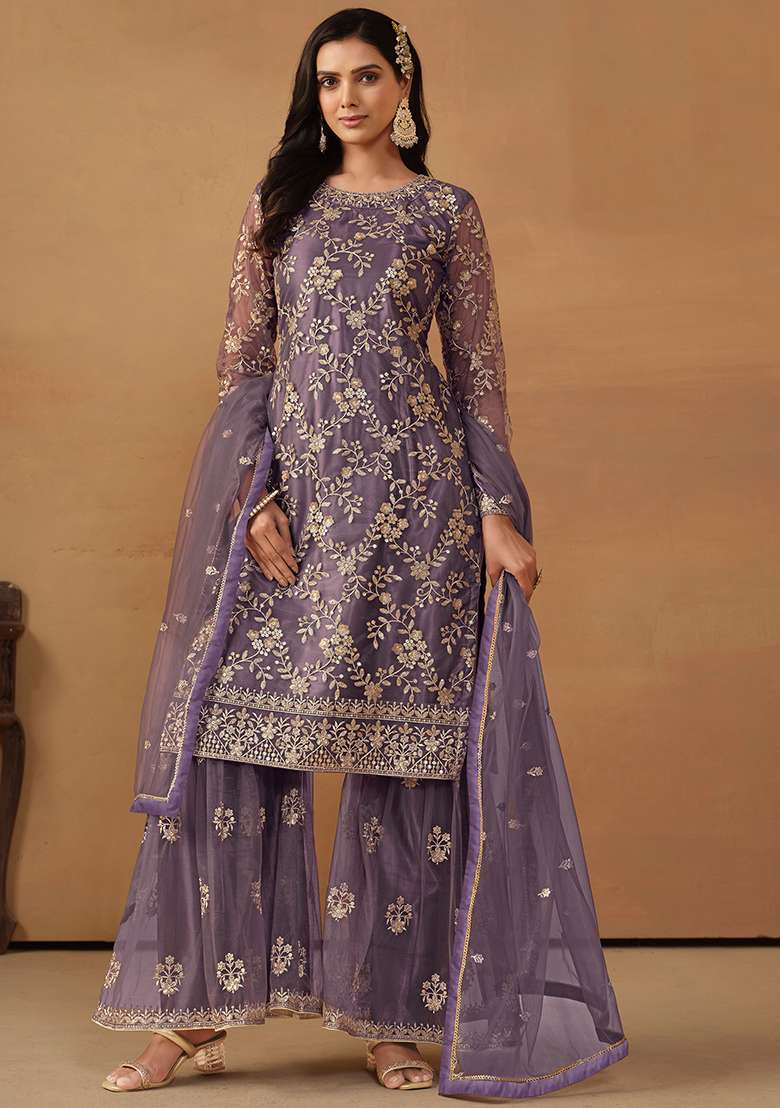 Purple Embroidered Net Sharara Set - Indya