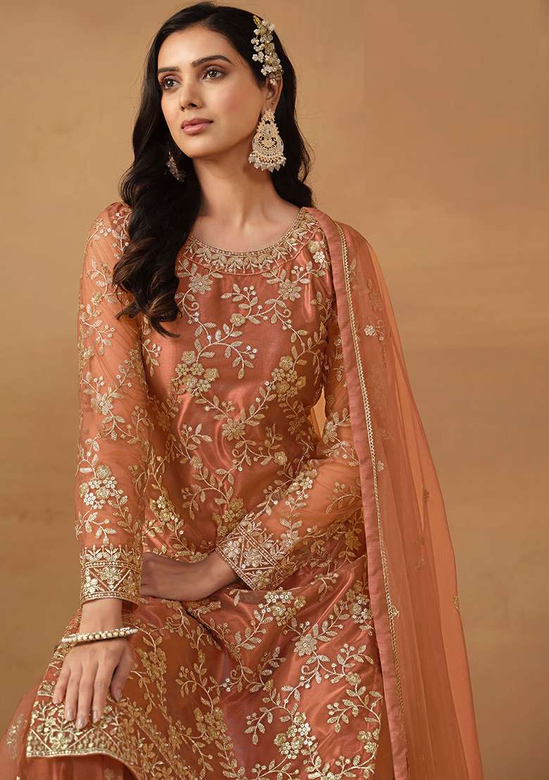Peach Embroidered Net Sharara Set - Indya