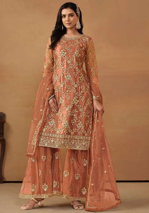 Peach Embroidered Net Sharara Set