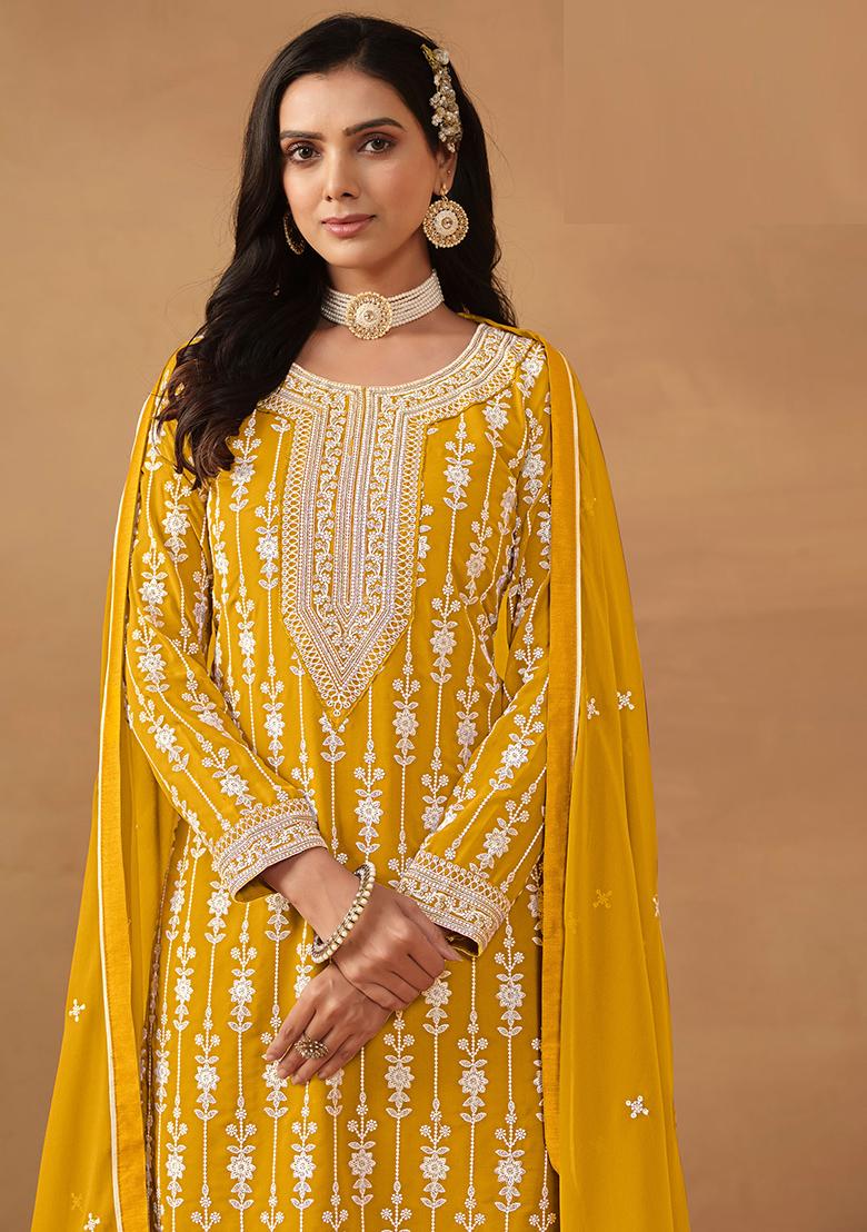 Yellow Embroidered Georgette Salwar Kameez - Indya