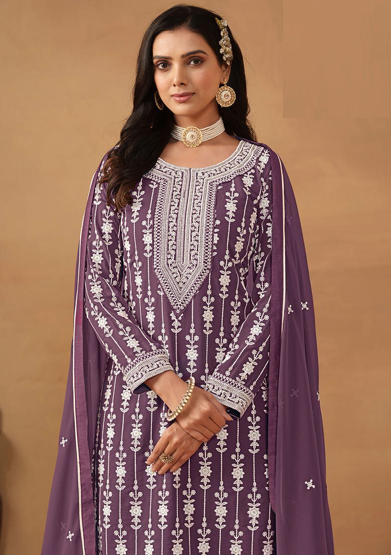 Purple Embroidered Georgette Salwar Kameez - Indya